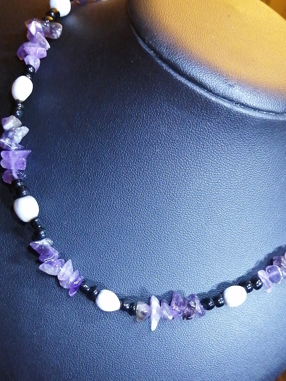 Amethyst Chip, Grey, Black Beaded Vintage Necklace 17" Long